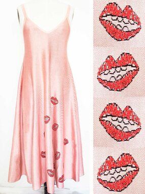 JIMI ROOS Women's RARE Pink Knit Fit and Flare Dress Whimsical Red Lips S/M